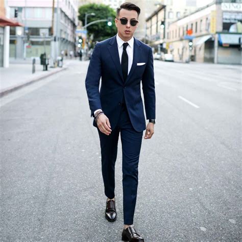 Navy suit and black shoes for everyday wear