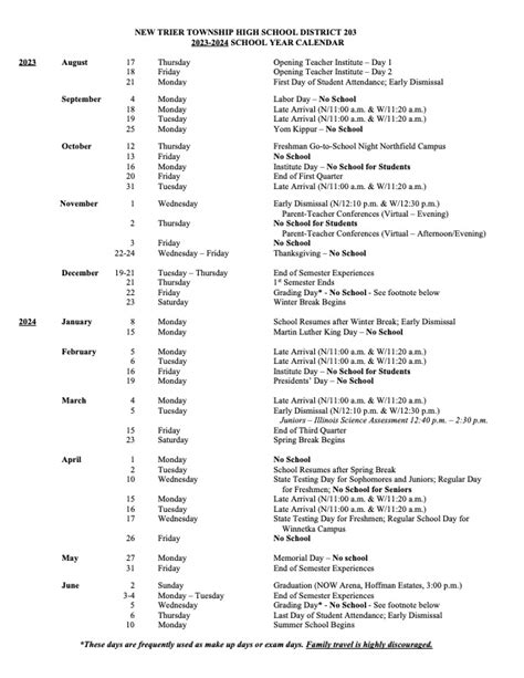 New Trier School Calendar Planning