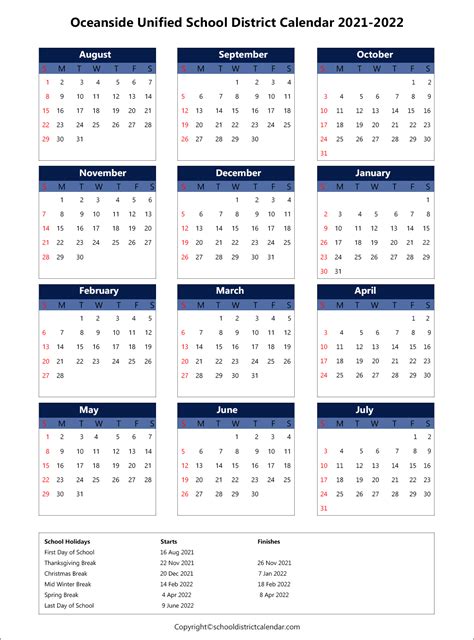 Oceanside Unified School Calendar Overview