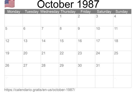 October 1987 Calendar Page