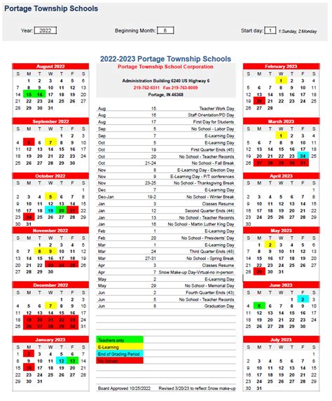 Portage Academic Calendar Dates