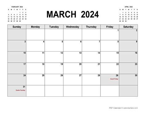 Printable March Calendar Template PDF