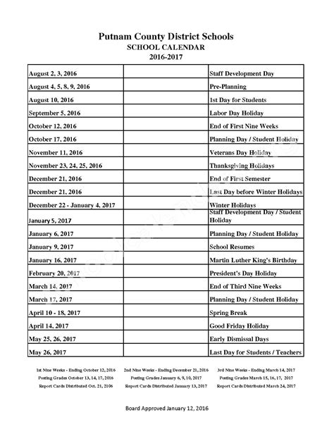 Putnam County Schools Important Dates