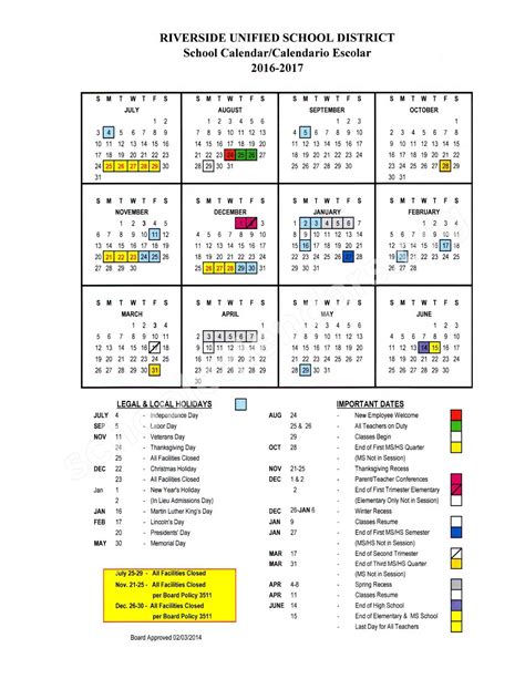 Riverside Unified School District Calendar Overview