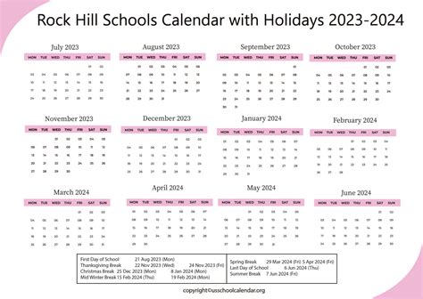 Rock Hill Schools Calendar