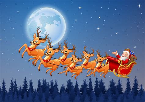 Santa's reindeer in flight, with the sleigh and stars in the background