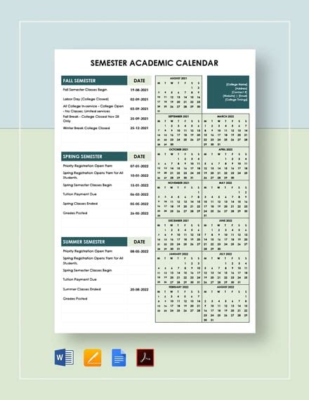 Semester Calendar Template