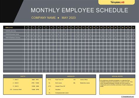 Staff Calendar Template