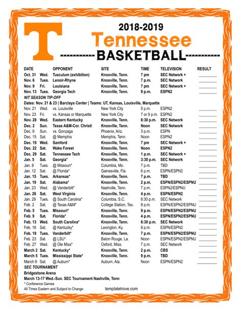 Tennessee Basketball Schedule