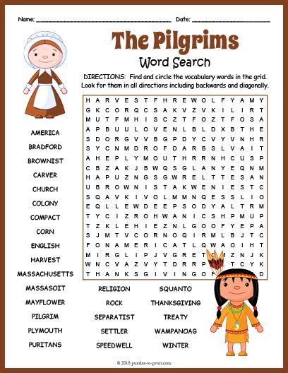 Thanksgiving Pilgrim Word Search