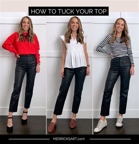 Women wearing straight out the boot jeans with a tucked-in white top and heels