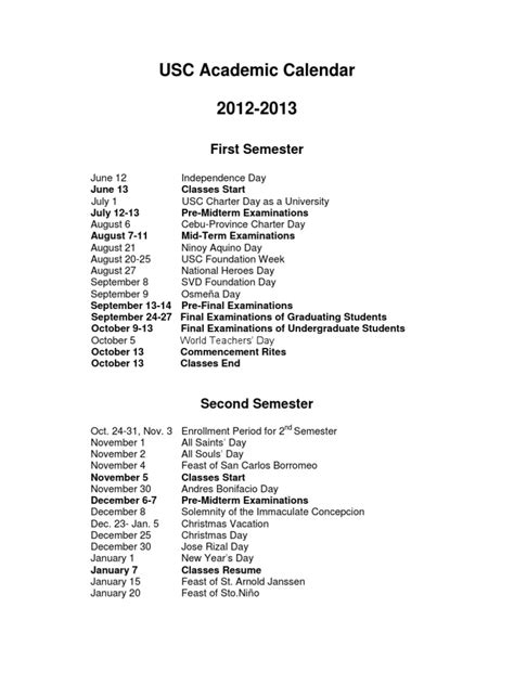 USC Academic Calendar Image 2