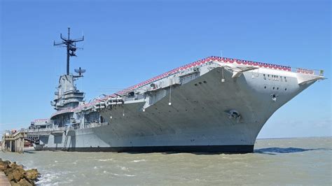 View of the USS Lexington's island and bridge