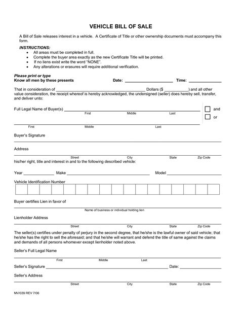 Using Vehicle Bill of Sale Printable Form