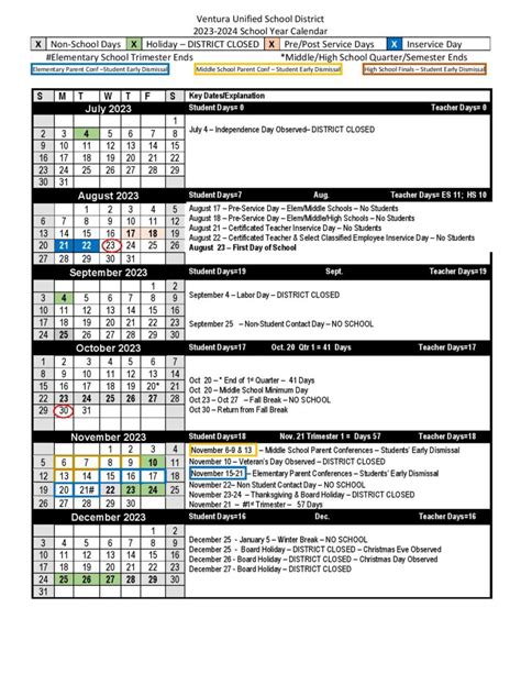 Using Ventura Unified School Calendar