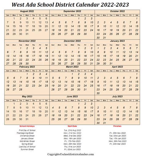 West Ada Calendar Overview