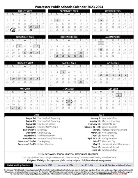 Worcester Schools Calendar