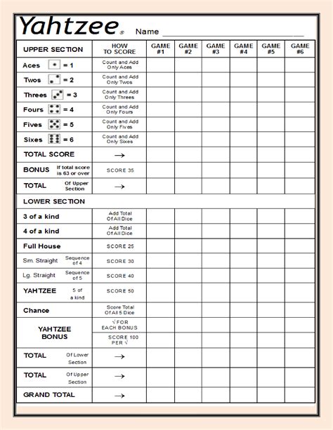 Yahtzee Customizable Score Card