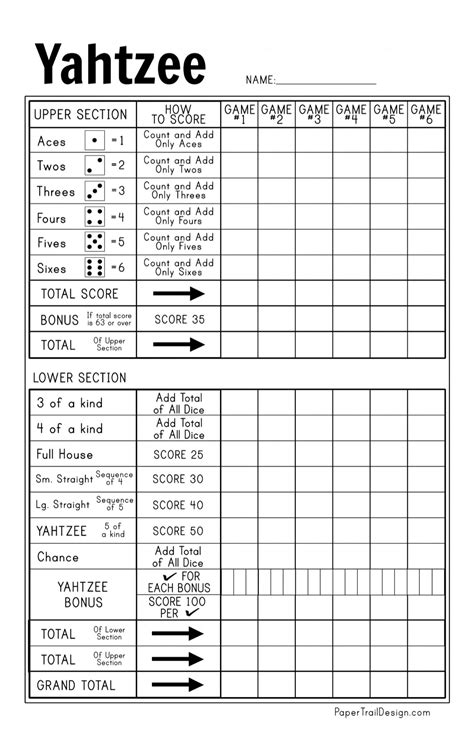 Yahtzee Score Card