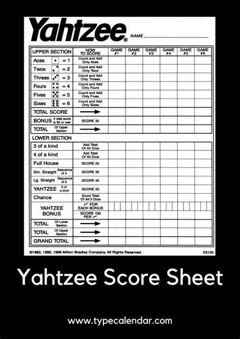 Yahtzee Score Sheet Template