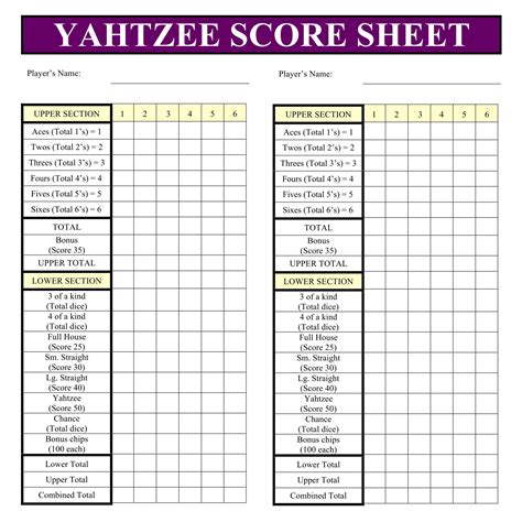 Yahtzee Score Sheet Variations