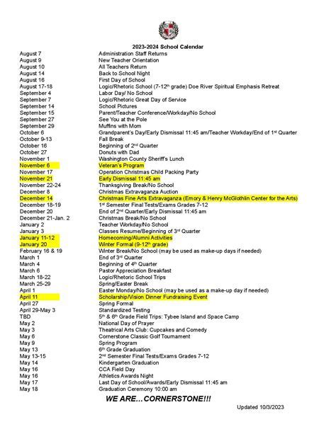 Academic Calendar Highlights