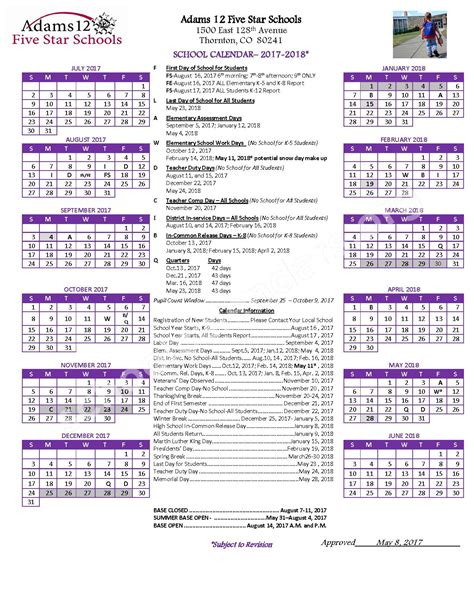 Adams 12 Calendar Overview