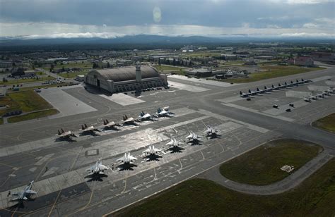 Aerial view of Alaska Air Force Base at sunset