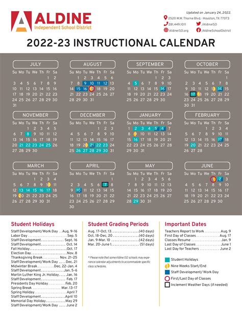 Aldine ISD Calendar Image 1