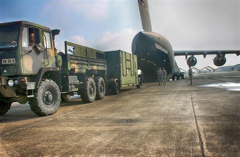 A military logistics facility, with soldiers in uniforms