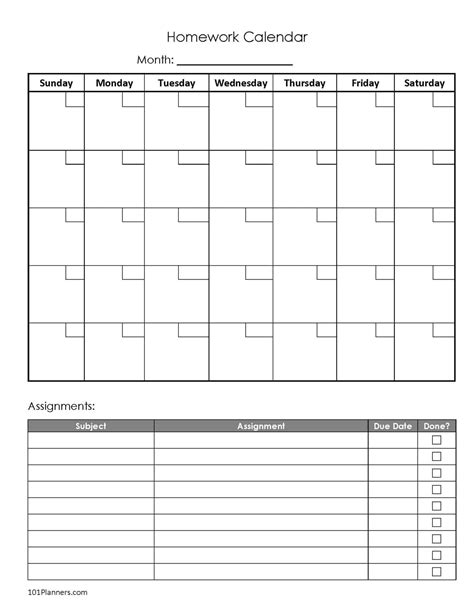 Assignment Calendar Template