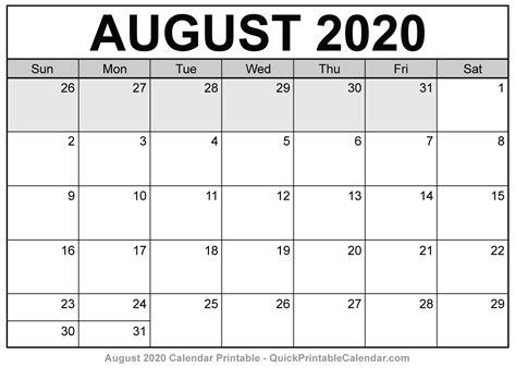 August 20 2020 Calendar