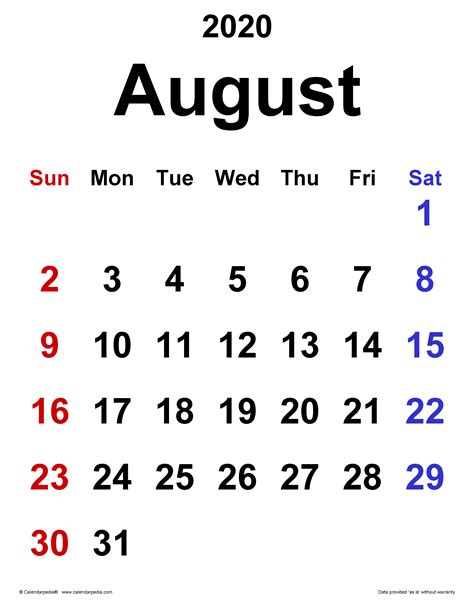 August 20 2020 Calendar Format