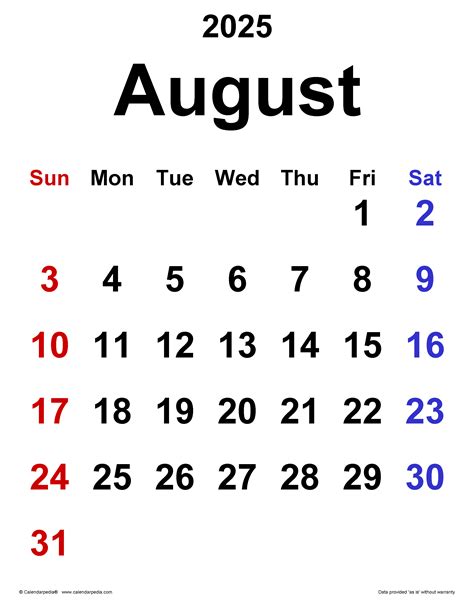 August 2025 Calendar Overview