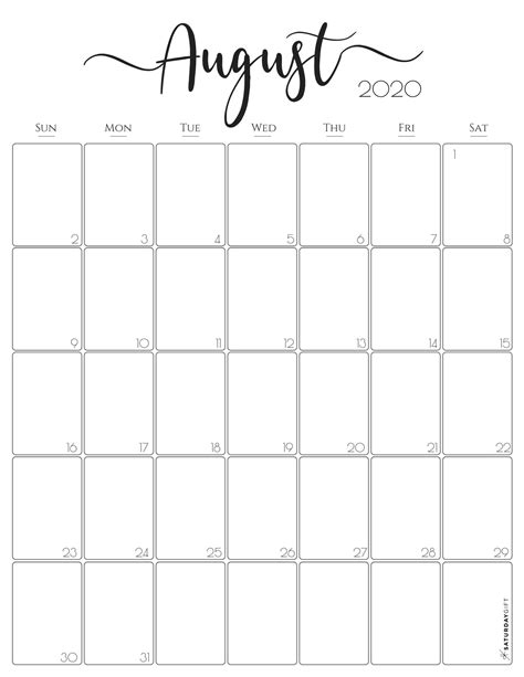 August Printable Calendar Prints