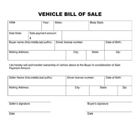 Auto Bill of Sale Template Excel