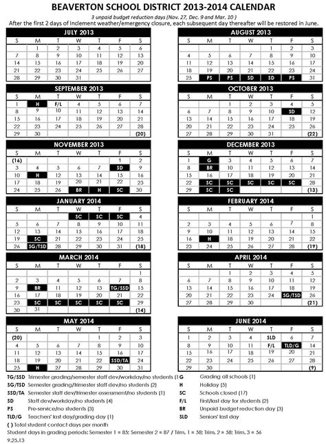 Beaverton Schools Calendar Image 1