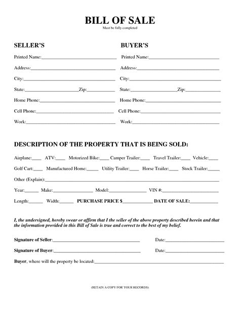 Bill of Sale Form Template