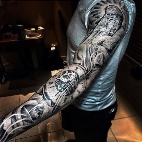 Black and gray forearm sleeve tattoos