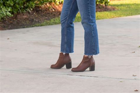 Brown ankle boots with a navy dress