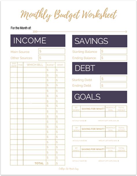 Budget Sheet Printable Template