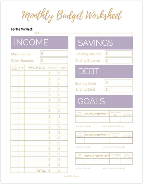 Budget Sheet Printable Template