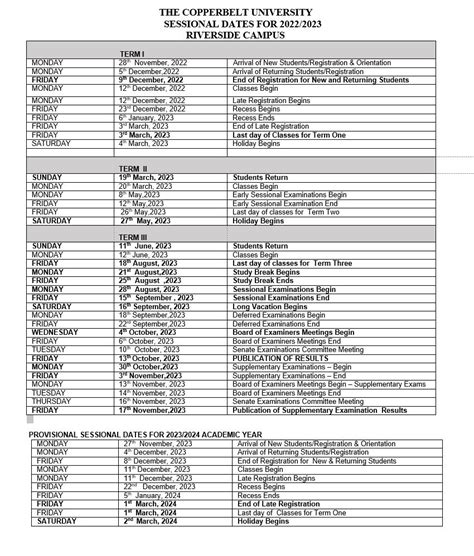 Description of CBU Academic Calendar