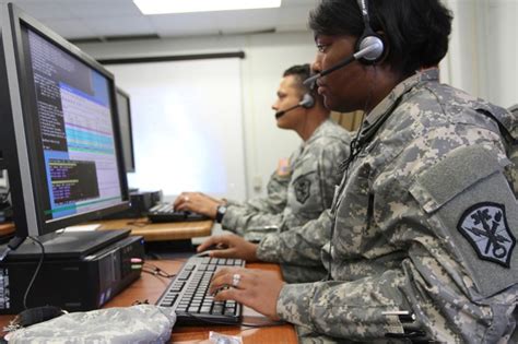 A cyber operations specialist working at a computer