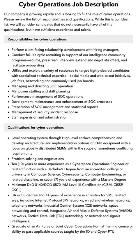 Cyber Operations Specialist Job Description