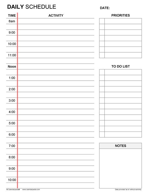 Description of Daily Schedule Template