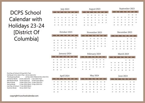 DCPS Schools Calendar Holidays