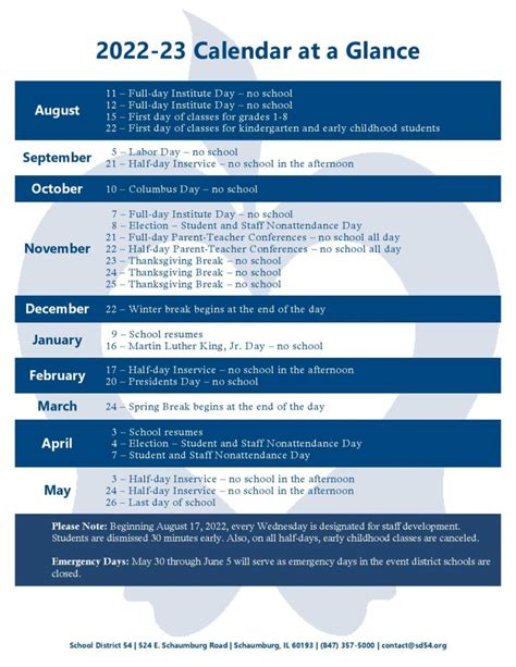 District 54 School Calendar Overview