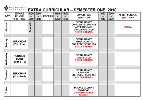 Extracurricular Activities Calendar