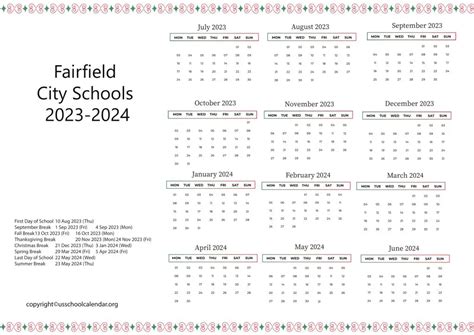 Fairfield Schools Calendar Overview